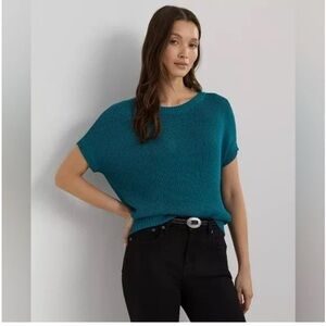 Lauren Ralph Lauren Rib Knit Short Sleeve Sweater in Teal Blue Size Small